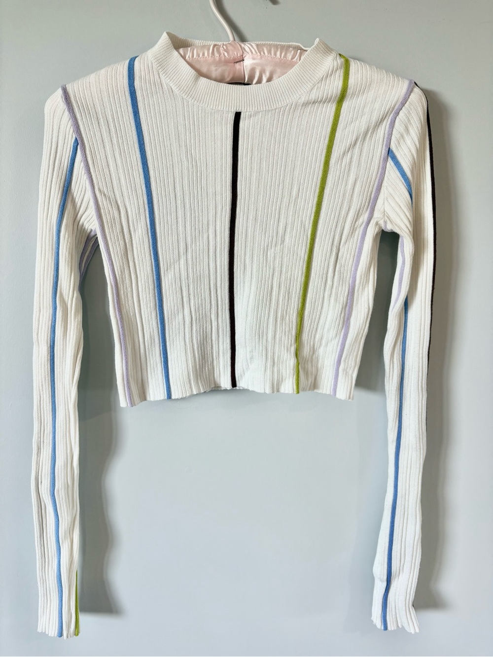 Women’s White Ribbed Long-Sleeve Crop Top with Multi-Color Stripes